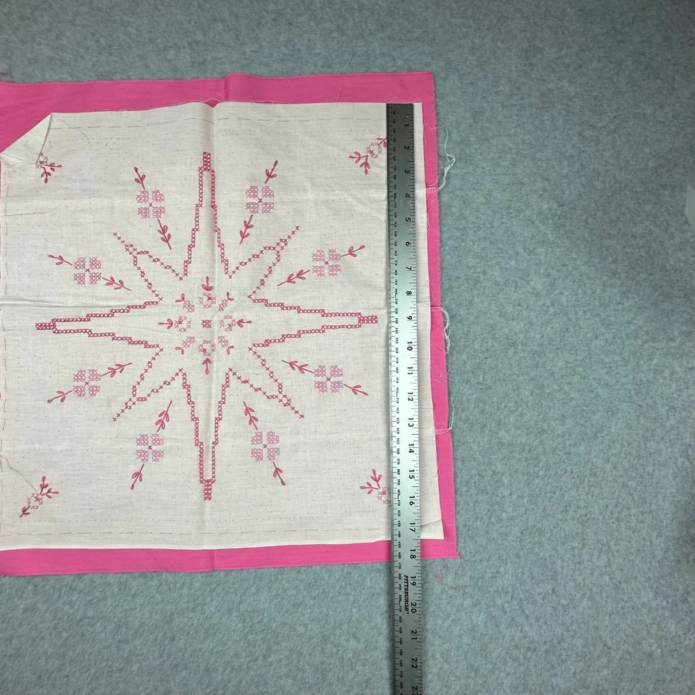 Vtg‎ Pink Cross Stitch Quilt Blocks Embroidery Star Floral Unfinished Lot 18x18